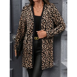 Plus Size Leopard Print Mid-Length Cardigan, Loose & Figure-Flattering Women's Top, Versatile Retro Wild-Style Long-Sleeve Coat For Daily Commute, Parties, Outings, Womens Plus Size Clearance, Christmas