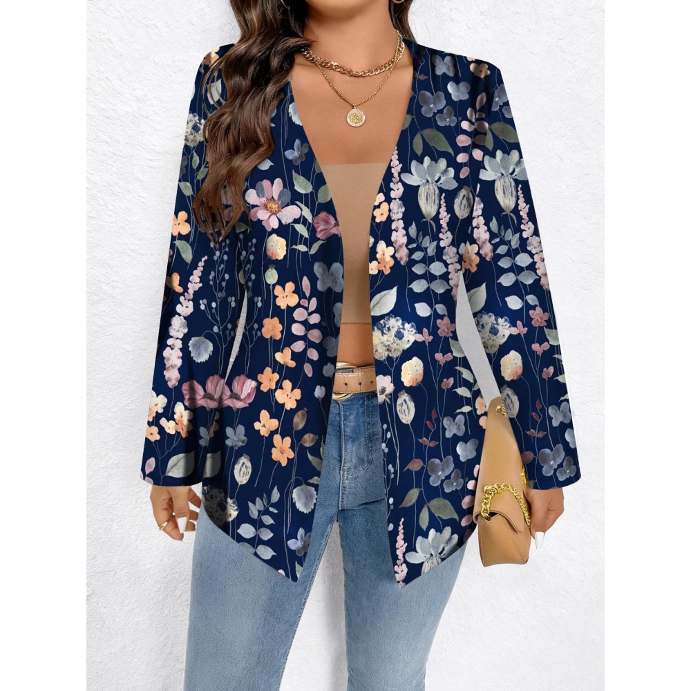 Plus Size - Plus Size Women'S Navy & Multicolor Floral Print Milk Silky Cardigan - Elegant Casual Soft Draping Coat with Fit, Machine Washable Round Neck Sweater for Fall Winter, Daily Commute, Dating & Social Events, Wrinkle-Resistant Layering Piec
