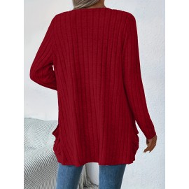 Women'S Elegant Solid Color Cardigan with Pockets - Long Sleeve, Crew Neck, Ribbed Knit Open Front Sweater for Spring & Fall, Plus Size Friendly, Sweater Front Opening | Ribbed Texture Design | Open front cardigan, Sweater Cardiga