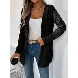 Women'S Elegant Solid Color Cardigan with Pockets - Long Sleeve, Crew Neck, Ribbed Knit Open Front Sweater for Spring & Fall, Plus Size Friendly, Sweater Front Opening | Ribbed Texture Design | Open front cardigan, Sweater Cardiga