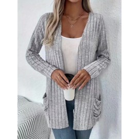 Women'S Elegant Solid Color Cardigan with Pockets - Long Sleeve, Crew Neck, Ribbed Knit Open Front Sweater for Spring & Fall, Plus Size Friendly, Sweater Front Opening | Ribbed Texture Design | Open front cardigan, Sweater Cardiga