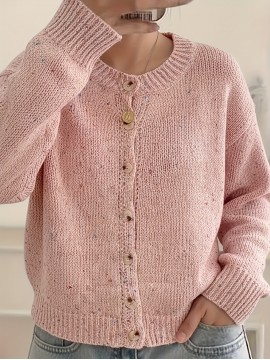 Plus Size, Women's Elegant Solid Color Round Neck Blouse - Loose Fit Long Sleeve Button-Front Jacket, Spring/Autumn Outerwear, Machine Washable Casual to Dressy Swe Coat ( Special Line)