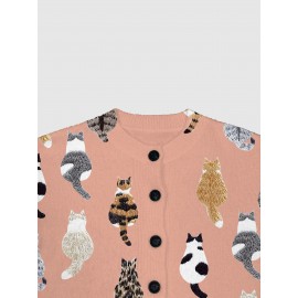 [Playful Design] Plus Size - Women's Lightweight Sweater Jacket - Pastel Pink With Black & White Animal Print, Button-Front Closure, Non-Bulky Long Sleeve Cardigan For Fall/Winter, Everyday & Formal Outfits - Position BK 052032, Fall Fashion, Playful Design, Comfortable Fit, Stylish Outerwear, Fashion Lovers, Cat Cardigan/Sweater For Women, Cardigan For Curvy Women, Curve Cat Print, Cardigans Women Good Quality, Vest Woman Large Size With Sleeve