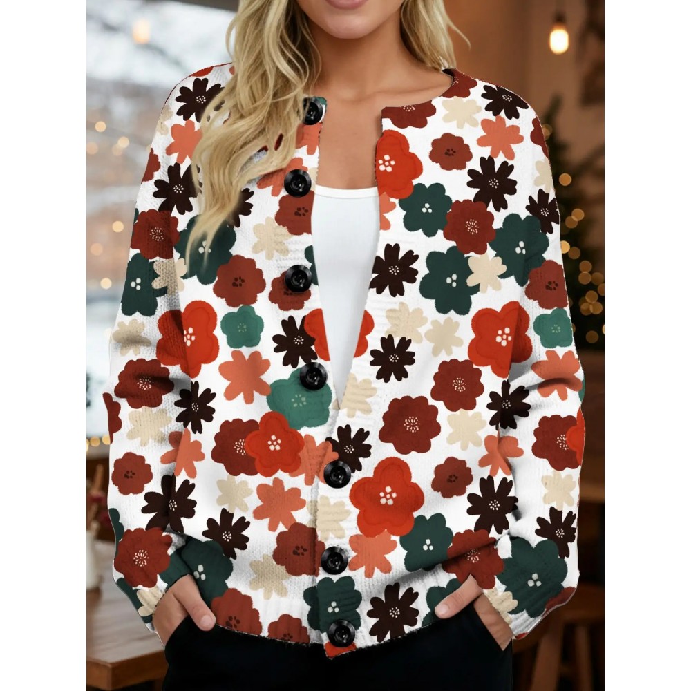 Plus Size - Plus Size, Plus Size Women'S Red & Green Floral Print Christmas Cardigan Sweater - All-Over Floral Pattern with Elastic Button Front, Round Neck & Umbrella Hem, Cozy Long Sleeve Winter Coat for Holiday Parties, Casual Elegant Outerwear