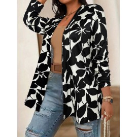 Plus Size - Plus-Size Women'S Elegant Black Floral Print Cardigan - V-Neck Long Sleeve Open Front Sweater with White Poppies & Black Floral Pattern, Cozy Fall Winter Sweater for Office, Casual & Casual Attire, Versatile Layering Piece for Women