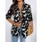 Plus Size - Plus-Size Women'S Elegant Black Floral Print Cardigan - V-Neck Long Sleeve Open Front Sweater with White Poppies & Black Floral Pattern, Cozy Fall Winter Sweater for Office, Casual & Casual Attire, Versatile Layering Piece for Women