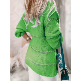 [Chic Cardigan] Plus Size Women's Chic Color-Block Striped V-Neck Cardigan | Long Sleeve, Beige & White, Casual Fall/Winter Outerwear with Lace Detail, Lace Trim