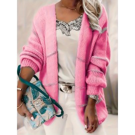 [Chic Cardigan] Plus Size Women's Chic Color-Block Striped V-Neck Cardigan | Long Sleeve, Beige & White, Casual Fall/Winter Outerwear with Lace Detail, Lace Trim