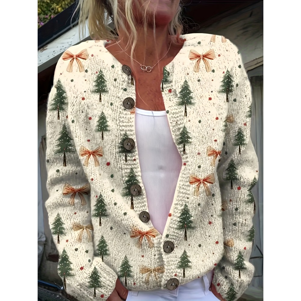 Women'S Christmas Tree 3D Print Cardigan Sweater, 100% Polyester Crewneck Knit Sweater, Button Details, Casual Wear For All Seasons