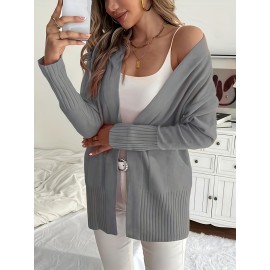 Elegant Oversized Long Sleeve Cardigan for Women - Solid Color, Medium Stretch, with Pockets, Fall/Winter Fashion, Plus Size, Pink
