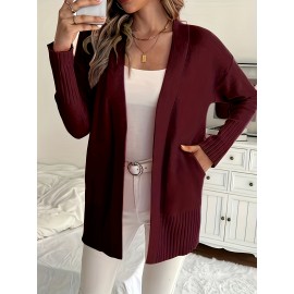 Elegant Oversized Long Sleeve Cardigan for Women - Solid Color, Medium Stretch, with Pockets, Fall/Winter Fashion, Plus Size, Pink