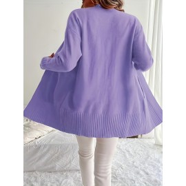 Elegant Oversized Long Sleeve Cardigan for Women - Solid Color, Medium Stretch, with Pockets, Fall/Winter Fashion, Plus Size, Pink