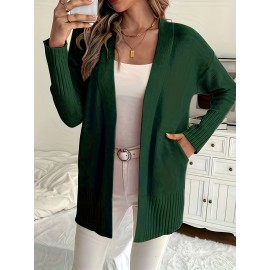 Elegant Oversized Long Sleeve Cardigan for Women - Solid Color, Medium Stretch, with Pockets, Fall/Winter Fashion, Plus Size, Pink