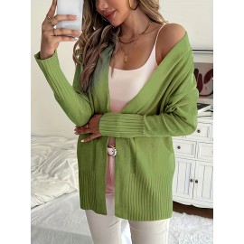 Elegant Oversized Long Sleeve Cardigan for Women - Solid Color, Medium Stretch, with Pockets, Fall/Winter Fashion, Plus Size, Pink
