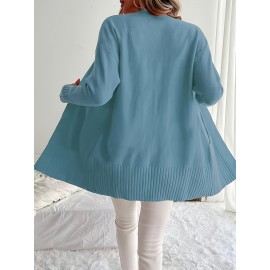 Elegant Oversized Long Sleeve Cardigan for Women - Solid Color, Medium Stretch, with Pockets, Fall/Winter Fashion, Plus Size, Pink