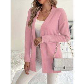 Elegant Oversized Long Sleeve Cardigan for Women - Solid Color, Medium Stretch, with Pockets, Fall/Winter Fashion, Plus Size, Pink