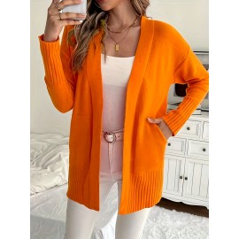 Elegant Oversized Long Sleeve Cardigan for Women - Solid Color, Medium Stretch, with Pockets, Fall/Winter Fashion, Plus Size, Pink