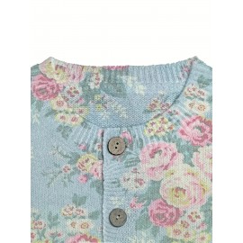 Plus Size - Women'S Plus Size 3D Floral Print Cardigan - Pink, White & Light Blue Long-Sleeve Casual Button-Up Jacket, Soft Lightweight Round Neck Layered Top for Spring & Fall, Autumn Outerwear, Spring Outerwear Single Layer Jacket, Lightweight Cardigan, Spring Fall Wear, Round Neck Design, Soft Texture