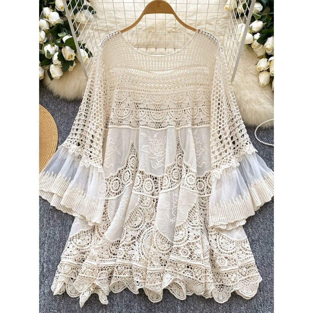 NEW Bohemian Style Vintage Dress Women's Loose Hollow Hook Flower Design Short Midi Skirt