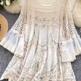 NEW Bohemian Style Vintage Dress Women's Loose Hollow Hook Flower Design Short Midi Skirt