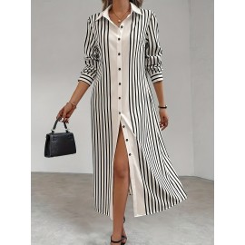 Women's Elegant A-Line Dress with Striped Cardigan & Mid-Length Dress - Asymmetrical Hem, Collar, Loose Fit, A-Line Silhouette, Straight Sleeve Cardigan for Spring/Autumn Wear, Machine Washable Dress Suitable for, Semi-Formal Events