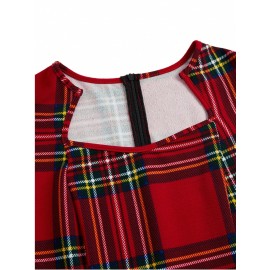 Women'S Elegant Christmas Plaid Bodycon Dress - Long Sleeve Puff Shoulder Red Tartan Checkered Pattern with Zipper Back, Boat Neck Winter Party Dress, Structured Fitted Silhouette for Xmas, New Year'S Eve & Holiday Events - Red/Green Tartan Checkere
