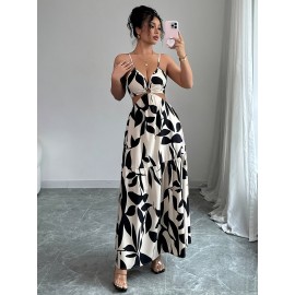 Women'S Floral Print Office to Party Dress - Elegant Sleeveless Midi Dress with Thin Strap, Flared Hem, for Work, Formal Events, Everyday Outfits - Spring/Fall/Summer Women'S Clothing, Casual Wear, Fitted Waist, Lightweight Fabric, Working Women