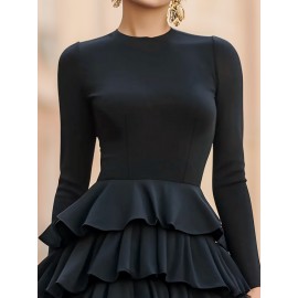 Women'S Elegant Solid Black A-Line Layered Hem Tunic Dress with Puffed Sleeve-like Effect - Structured Fitted Top & Flowing Skirt, Floor-Length or Above-Knee Length, Machine Washable Formal Party Wedding Gala Dress for Spring/Fall, Round Neck Long Sleeve Elegant Party Dress for Women, Wedding Dresses for Women, Formal Dress, Elegant Classy Dresses for Women, Wedding Dress, Dresses for Women Elegant Classy, Highquality Fabric, Smooth Texture Dress, Long Sleeve Dresse For Women, Women