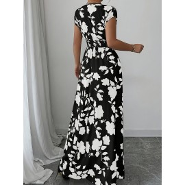 Elegant Pink Floral Maxi Dress with V-Neck and Short Sleeves - Flowing A-Line Silhouette, Cinched Waist, Perfect for Spring/Fall, Casual to Formal Wear, Casual Elegant Wear | Floral Print Dress | Cinched Waist Design