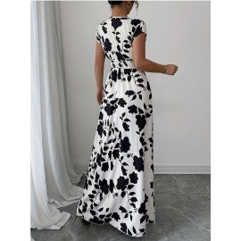 Elegant Pink Floral Maxi Dress with V-Neck and Short Sleeves - Flowing A-Line Silhouette, Cinched Waist, Perfect for Spring/Fall, Casual to Formal Wear, Casual Elegant Wear | Floral Print Dress | Cinched Waist Design