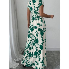 Elegant Pink Floral Maxi Dress with V-Neck and Short Sleeves - Flowing A-Line Silhouette, Cinched Waist, Perfect for Spring/Fall, Casual to Formal Wear, Casual Elegant Wear | Floral Print Dress | Cinched Waist Design