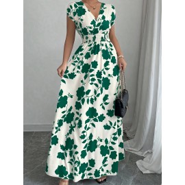 Elegant Pink Floral Maxi Dress with V-Neck and Short Sleeves - Flowing A-Line Silhouette, Cinched Waist, Perfect for Spring/Fall, Casual to Formal Wear, Casual Elegant Wear | Floral Print Dress | Cinched Waist Design