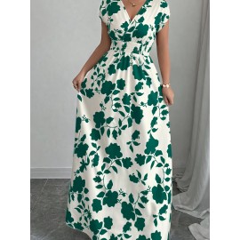 Elegant Pink Floral Maxi Dress with V-Neck and Short Sleeves - Flowing A-Line Silhouette, Cinched Waist, Perfect for Spring/Fall, Casual to Formal Wear, Casual Elegant Wear | Floral Print Dress | Cinched Waist Design