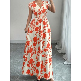 Elegant Pink Floral Maxi Dress with V-Neck and Short Sleeves - Flowing A-Line Silhouette, Cinched Waist, Perfect for Spring/Fall, Casual to Formal Wear, Casual Elegant Wear | Floral Print Dress | Cinched Waist Design