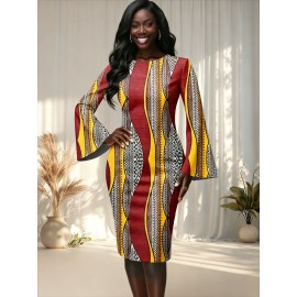 Bohemian 3D Art Print Pencil Skirt - A-Line Slim Fit Mid-Length with, Psychedelic Hippie Patterns (Floral/Geometric/Stripes) for Festival, Party, Office - Non-Stretch Round neck Skirt