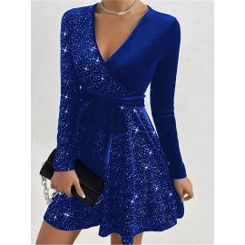 Women'S Elegant Sparkling Sequin V-Neck Long Sleeve Mini Dress - Luxurious Party & Formal Evening Gown with Waist Tie Belt, Shiny Red/Black/Black Sequin Dress for Autumn/Winter, Spring/Summer/Fall Events, Prom, Gala, Everyday Outfits - Comfortable &