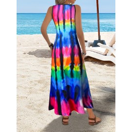 [Tie-Dye Beach Dress] Vibrant Tie-Dye Print Women's Sleeveless Dress | Lightweight Breathable Round Neck, Machine Washable, Spring Summer Beach Vacation Casual Outfit - Blue Yellow Pink Purple on Black Background Fabric