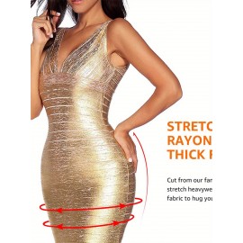 [Sexy Cocktail Dress] Sexy V-neck Bandage Bodycon Cocktail Dress for Wedding Guest Strap Foil Formal Gowns Evening Dress
