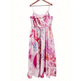 Artistic Floral Pattern Printed Dress | Unique Design with Delicate Straps, Crew Neck, Suitable for All Seasons