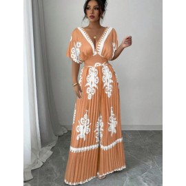 Women's Elegant V-Neck Short Sleeve Jumpsuit with Cinched Waist & Pleated Pants - Loose Fit Wedding Guest Outfit, Summer Party Suit, Machine Washable All-Season Attire