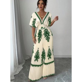 Women's Elegant V-Neck Short Sleeve Jumpsuit with Cinched Waist & Pleated Pants - Loose Fit Wedding Guest Outfit, Summer Party Suit, Machine Washable All-Season Attire