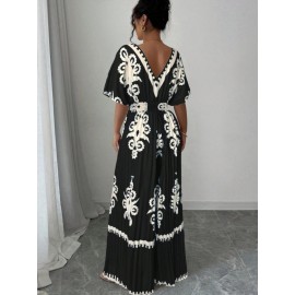 Women's Elegant V-Neck Short Sleeve Jumpsuit with Cinched Waist & Pleated Pants - Loose Fit Wedding Guest Outfit, Summer Party Suit, Machine Washable All-Season Attire