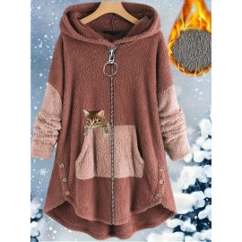 Women's Plus-Size Plush Zip-Up Hooded Jacket with Cat Print & Button Closure - Oversized Winter Warm Coat, Sleeveless Sporty Outerwear for Running, Gym, Casual Outfits - Machine Washable (Brown/Beige/Pink) - Fleece Lining, Pockets, Color Block Design, Relaxed Fit, Suitable for Exercise & Casual Attire, Large Size Casual Sportswear with Plush Material