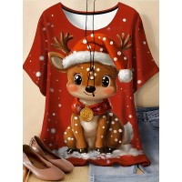 A Plus-Size Women'S T-Shirt Featuring a Reindeer Print with a Christmas Hat - Breathable, Round-Neck, Short-Sleeve Summer Top, Machine Washable with Artistic Design, Made from Comfortable Fabric, Perfect for Casual Wear, a Must-Have for Summer Outfi