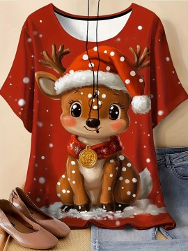 A Plus-Size Women'S T-Shirt Featuring a Reindeer Print with a Christmas Hat - Breathable, Round-Neck, Short-Sleeve Summer Top, Machine Washable with Artistic Design, Made from Comfortable Fabric, Perfect for Casual Wear, a Must-Have for Summer Outfi