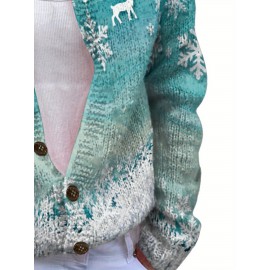 Women's Plus Size 0XL-6XL Turquoise & White Snowflake Button-Front Cardigan Sweater Coat - Soft Winter Jacket with Lace Collar, Cozy Loose Fit Christmas Party Outfits, New Year's Eve Holiday Dresses