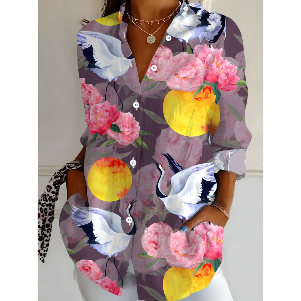 Plus Size Women'S Long Sleeve Shirt with Crane and Floral Print | Retro Style Mid-Length Casual 3D Soft Comfortable Light Beige-Friendly Base Layer for SpringAutumn, Slight Stretch Fabric, Regular Sleeve Length