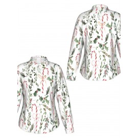 Women'S Red & Green Candy Cane & Holly Print White Long Sleeve Shirt - Lightweight Breathable Fabric, Stand Collar Button Front Closure, Regular Fit All-Day Comfort, Casual Winter Holiday Christmas Party Outfit, Festive Winter Alternative