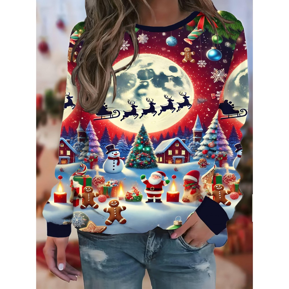 Plus Size Women'S 3D Crew Neck Sweatshirt | Loose-fitting, All-over Print Featuring Santa Claus'S Reindeer Sleigh, A Full Moon, Snow Scenes, Gingerbread Men, Perfect For The Christmas Season, Casual Style, Long Sleeve, Slight Stretch Fabric