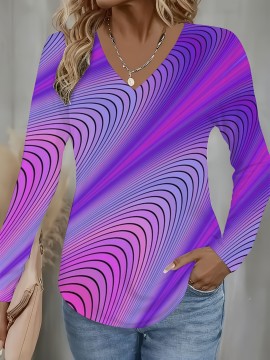 Plus Size Women'S V-Neck 3D Pink Purple Wave Pattern Long Sleeves T-Shirt | Abstract Print, Casual Style, Suitable for Winter, Christmas Party, Birthday, Christmas Enthusiasts, Christmas Limited Edition, New Year Gift